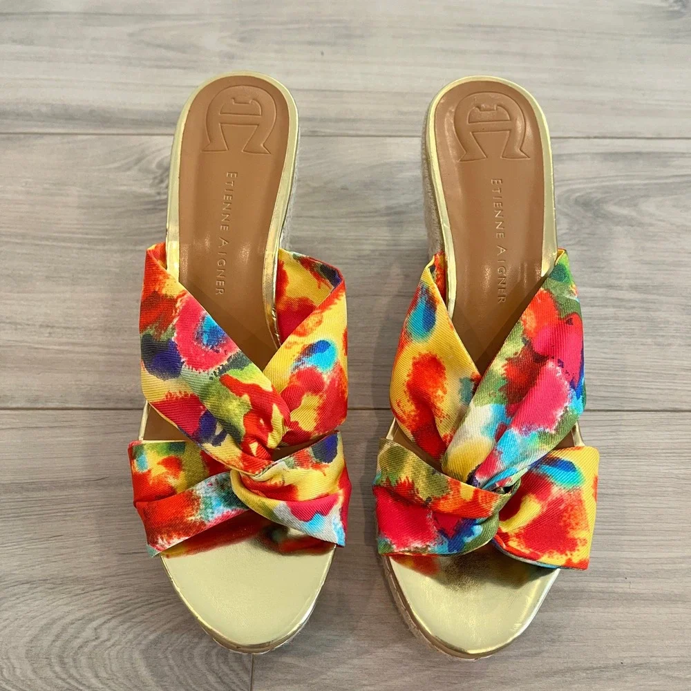 Etienne Aigner Krista Espadrille Wedge Sandals Watercolor Multi 9M Knotted Slide